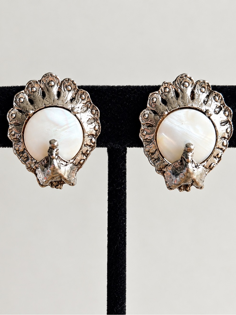 Vintage Mother of Pearl Peacock Clip On Earrings Silver Tone Statement